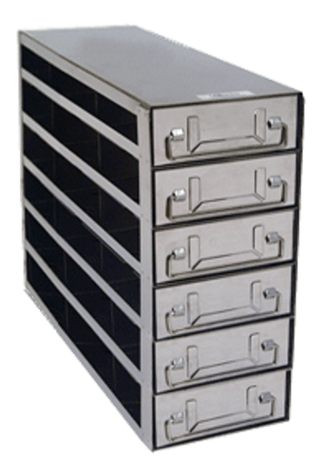 [FR-DRW-2-18-PAN] stainless steel laboratory freezer drawer rack for 2 inch cryo boxes three deep and six high for panasonic ult freezers 18 boxes