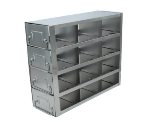 [A-FRD-3-12] stainless steel laboratory drawer freezer rack for 3 inch cryo boxes 12 boxes in a three deep by four high configuration 