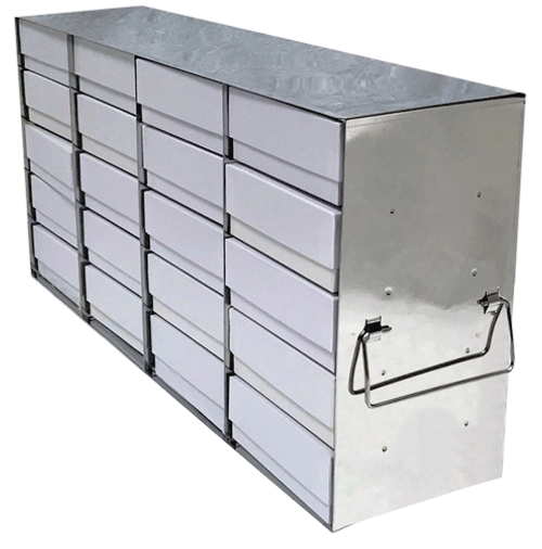 [A-FR-2-20] stainless steel laboratory freezer rack for 2 inch cryo boxes four boxes deep by five boxes high 